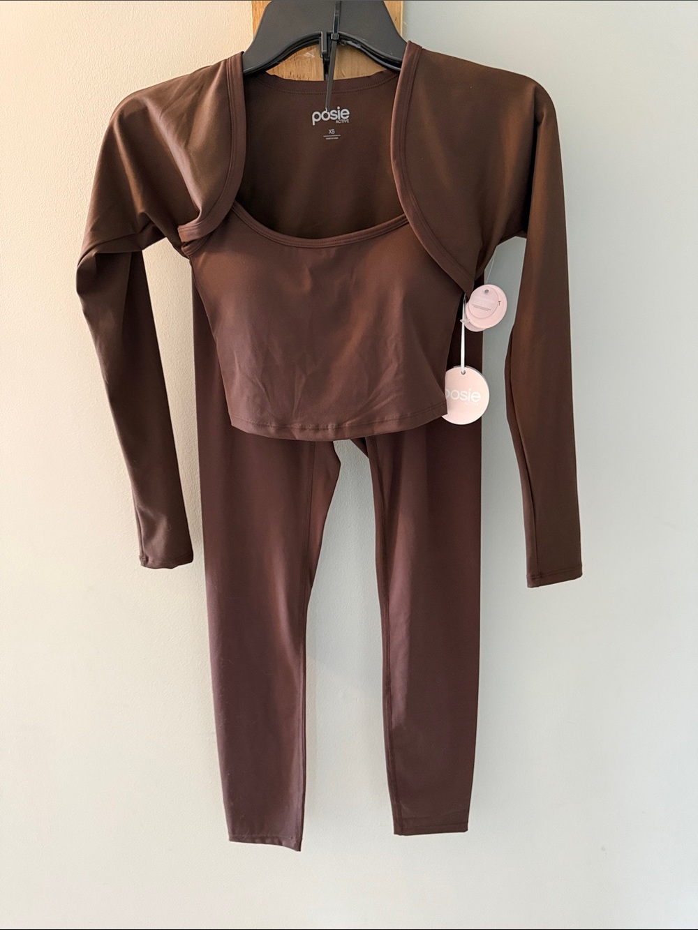POSIE ACTIVE Chocolate/Brown 3pc Work-out Set- Tank, Bolero & Leggings, XS, NWTs